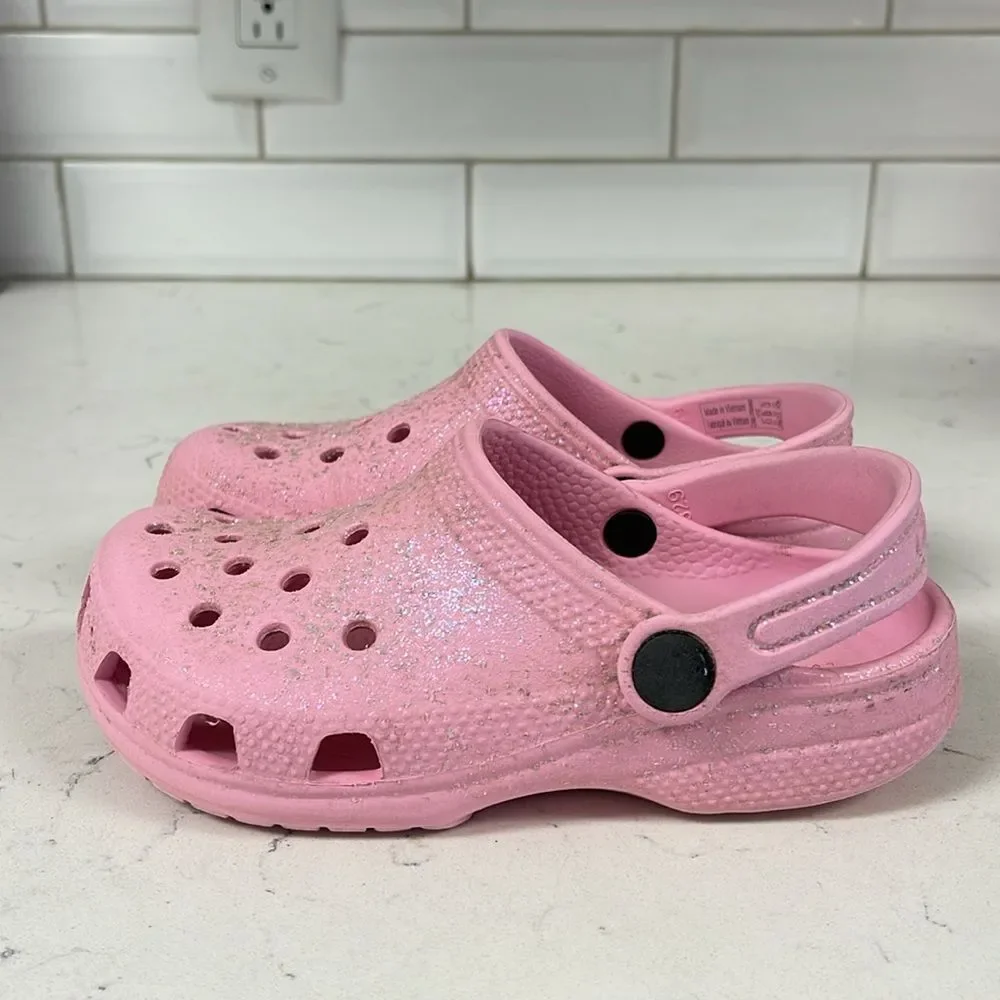 CROCS Unisex-Child Classic Glitter Clogs Kids Sparkly Flamingo Pink Size 12